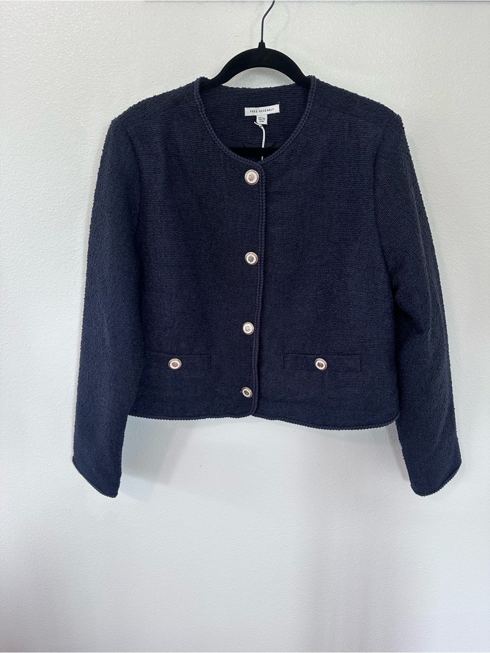 Free Assembly Navy Cropped Knit Jacket with Pearl Buttons
